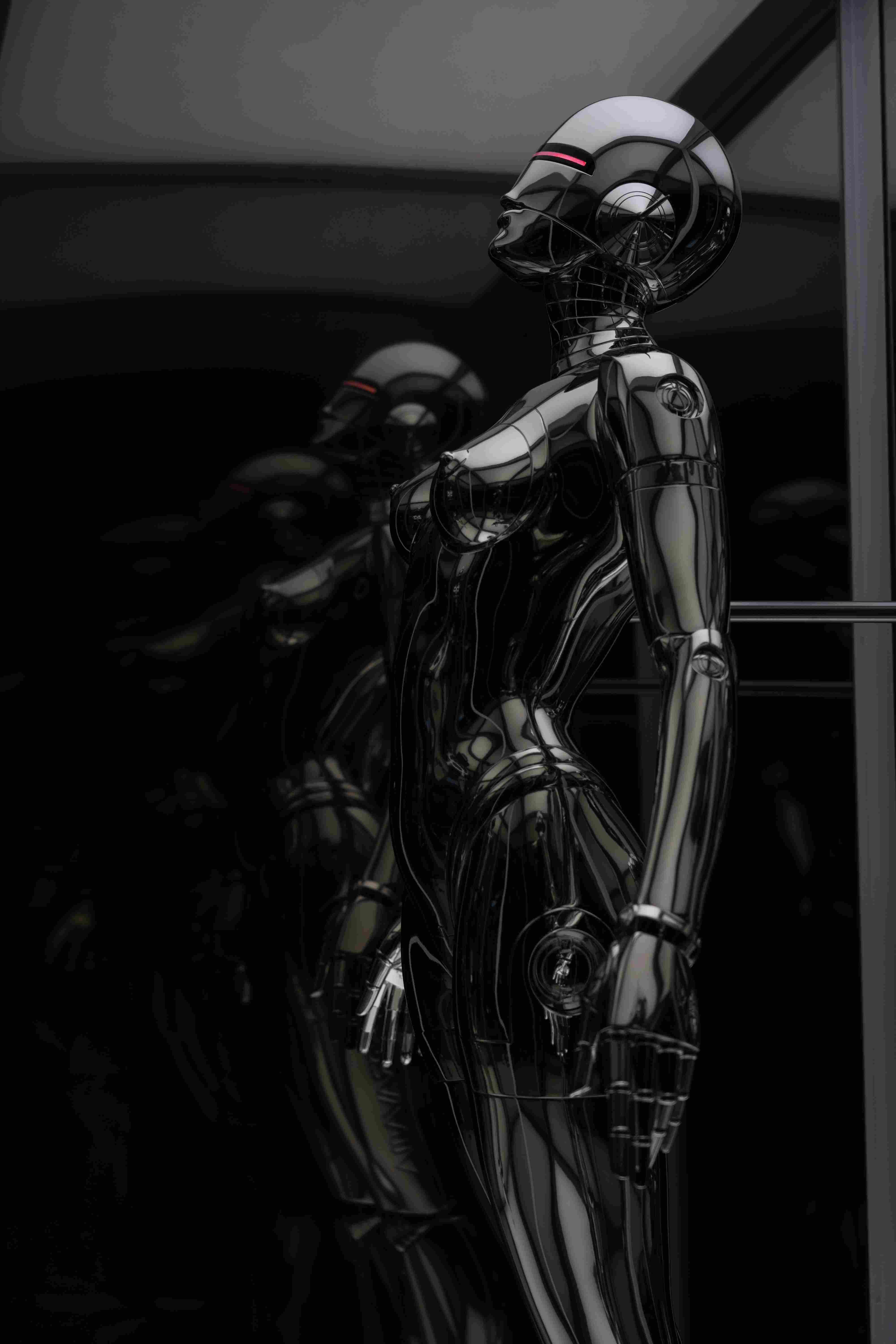 Robot with red eyes looking up